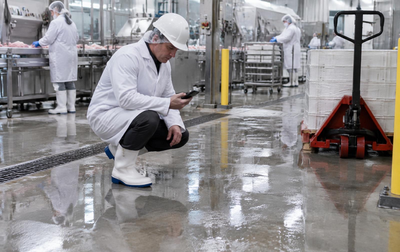 Safety manager in a lab coat checking a wet production floor near a pallet jack
