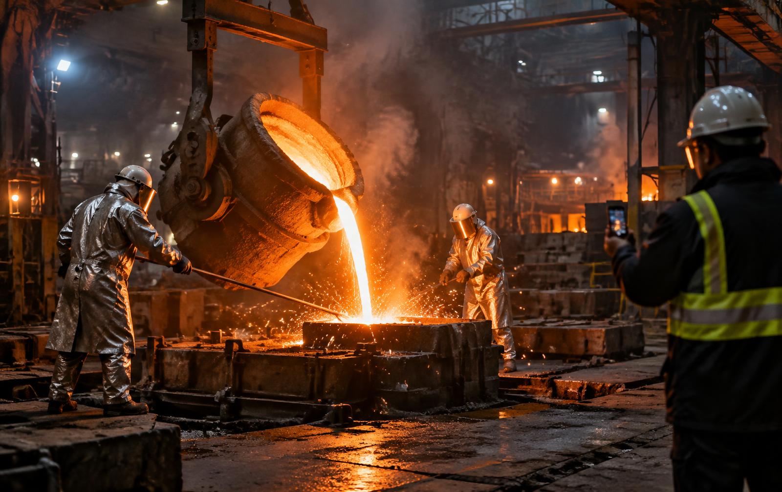 Foundry workers in aluminized suits pouring molten metal while a supervisor inspects with a phone