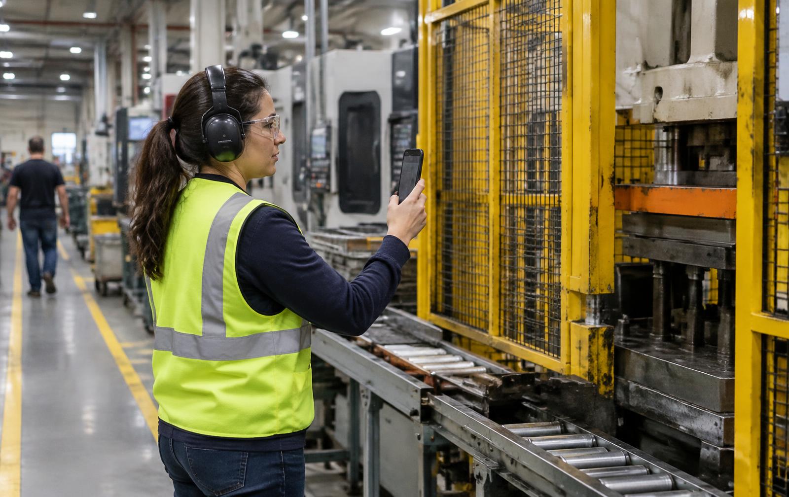 EHS manager with hearing protection inspecting a guarded press beside a conveyor