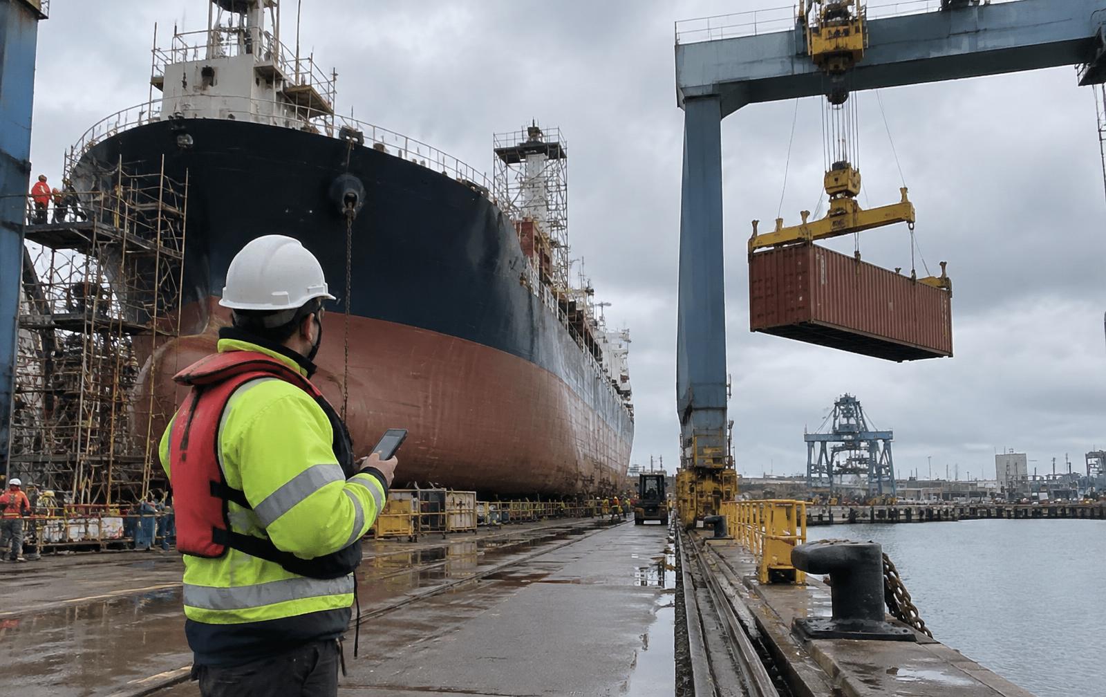 Inspector in a life vest checking a dry-docked ship while a gantry crane lifts a container
