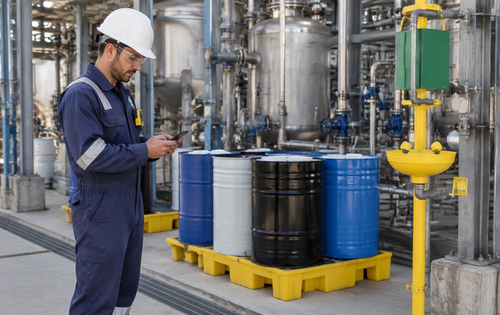 Inspector in coveralls checking chemical drums on spill pallets next to an eyewash station