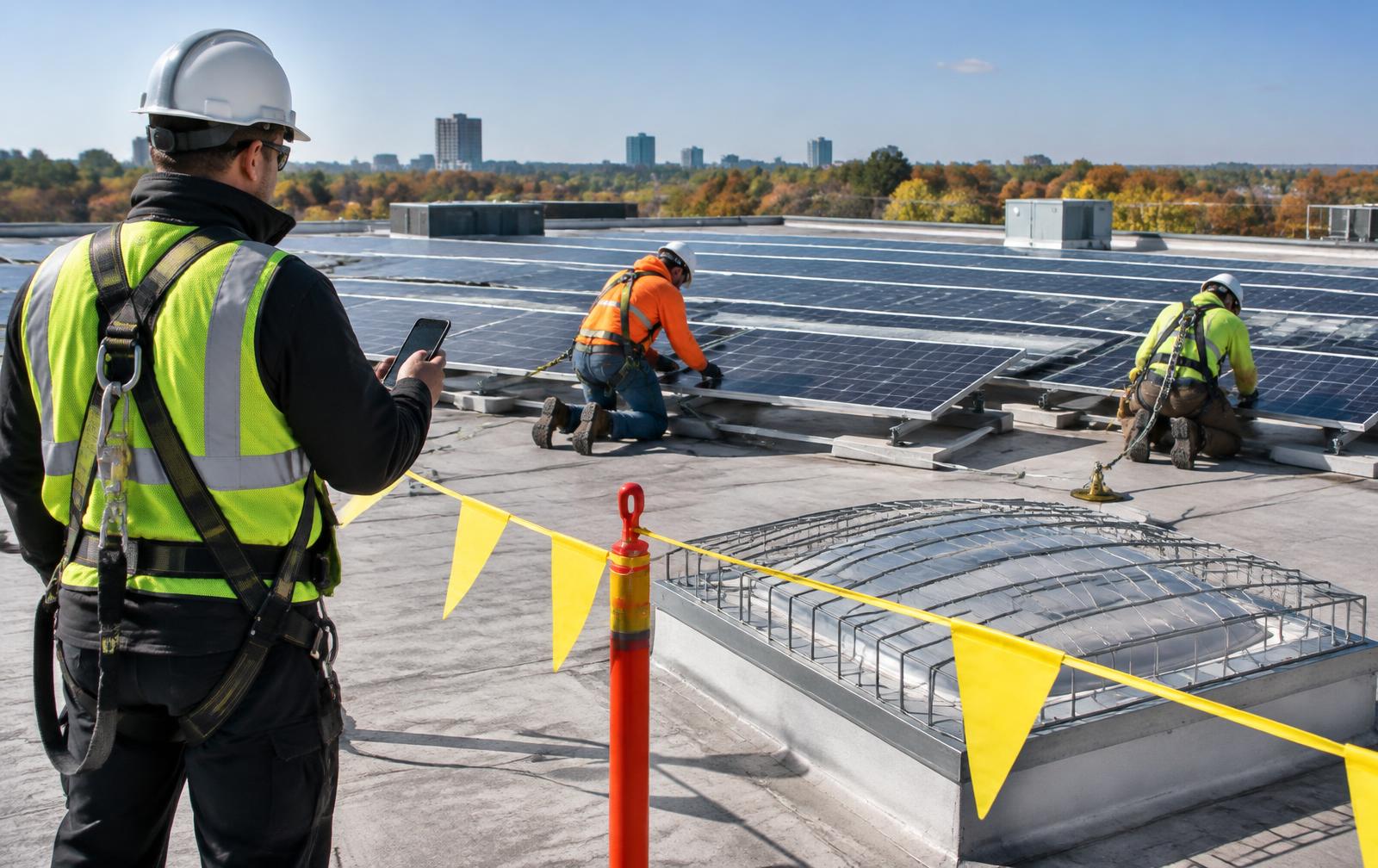 Solar installers tied off on a flat roof beside a guarded skylight and warning line