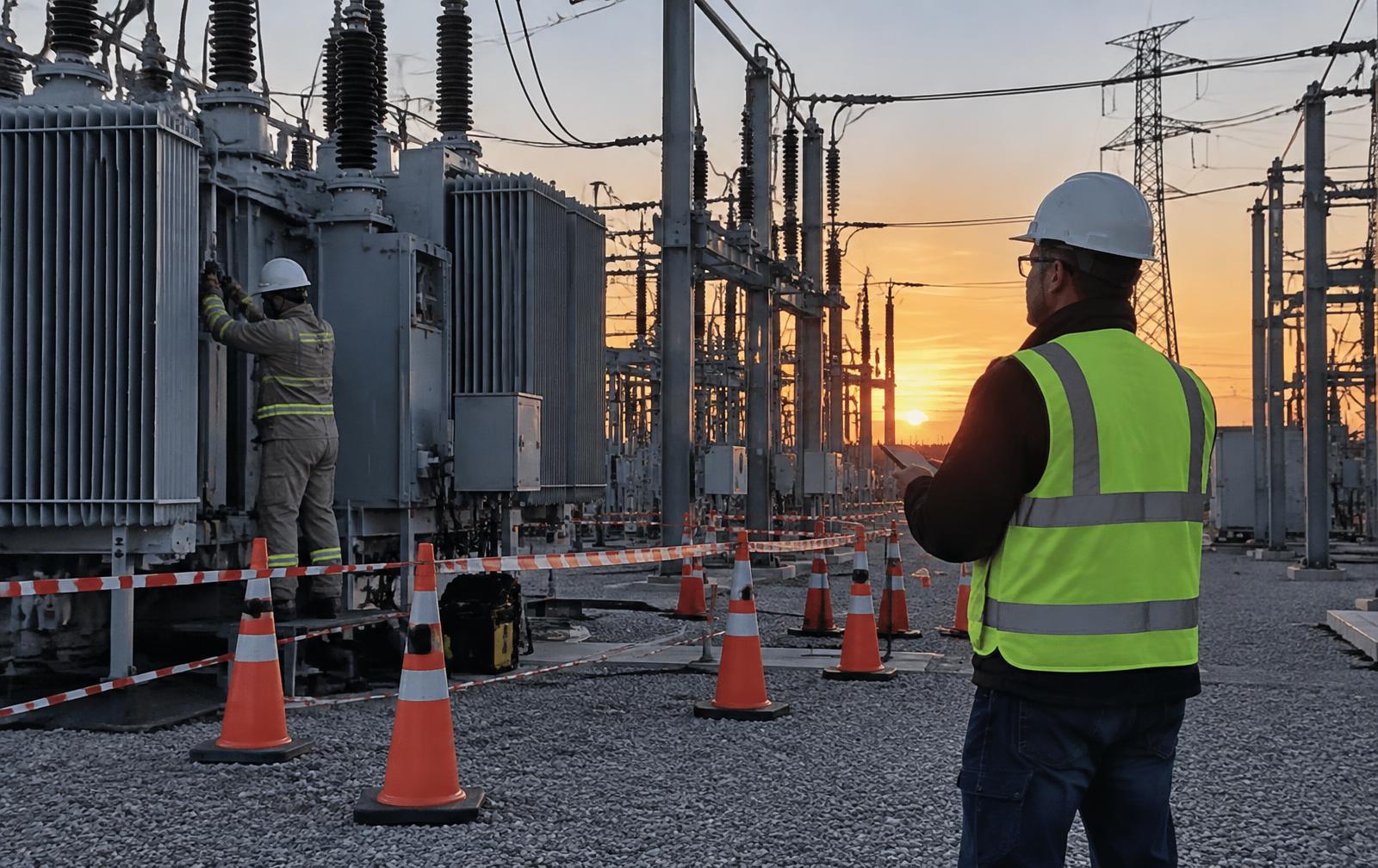 Substation crew in arc-rated gear behind cones while a supervisor inspects the work zone