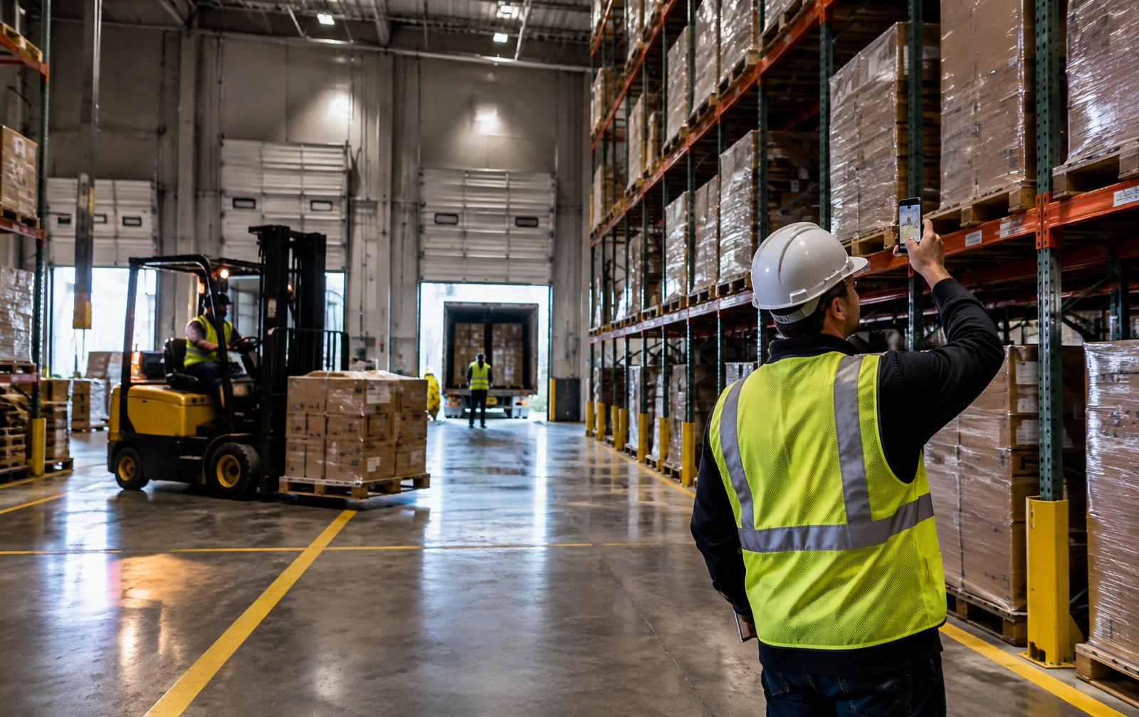 Safety manager inspecting warehouse racking with a phone