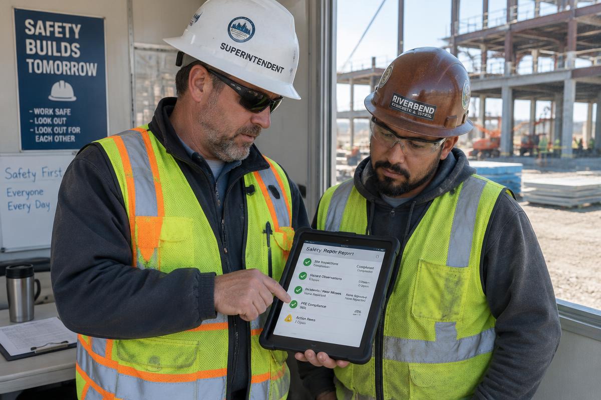 Superintendent reviewing a safety report with a subcontractor